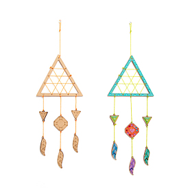 DIY Triangle Wind Chime Making Kits, Including 1Pc Wood Plates, 1 Card Cotton Thread and 1Pc Plastic Knitting Needles, for Children Painting Craft
