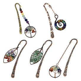 Nbeads 5Pcs 5 Style Brass Bookmarks, Horse Eye & Leaf & Chakra & Flat Round with Tree of Life with Natural Mixed Gemstone