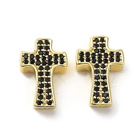 Rack Plating Brass Micro Pave Cubic Zirconia Beads, Long-Lasting Plated, Lead Free & Cadmium Free, Religion Cross