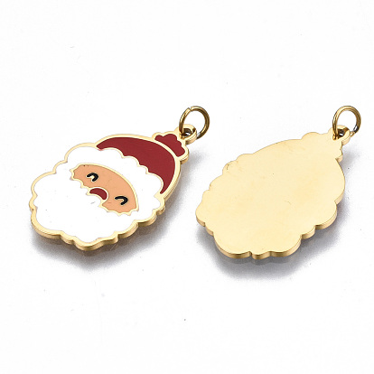 316 Surgical Stainless Steel Enamel Pendants, with Jump Rings, Santa Claus, White and Red