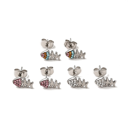 Rhinestone Fishbone Stud Earrings with 316 Surgical Stainless Steel Pins, 304 Stainless Steel Jewelry for Women
