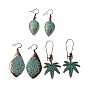 3 Pairs 3 Style Teardrop & Twist Rhombus & Coconut Tree Alloy Dangle Earrings Set, Wood Beaded Long Drop Earrings for Women