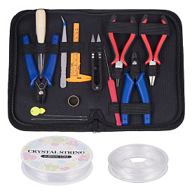 Jewelry Tool Sets, with Jewelry Pliers, Stainless Steel Bead Awls, Scissors, Stainless Steel Beading Tweezers and Elastic Crystal Thread
