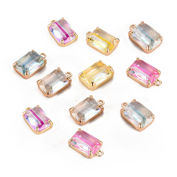 Transparent Glass Pendants, with Brass Prong Settings, Faceted, Rectangle, Light Gold