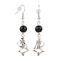 Human Skeleton Alloy Dangle Earrings, for Halloween, with Imitation Gemstone Acrylic Round Beads and Brass Earring Hooks, Antique Silver