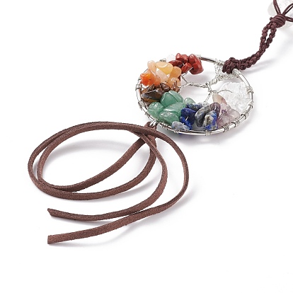 Décorations de pendentif tissées de pierres précieuses mélangées naturelles chakra, avec anneaux de liaison en laiton et cordon en faux suède, arbre de la vie