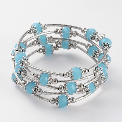 Cinq boucles de bracelets wrap imitation jade de perles de verre, avec des conclusions en alliage de style tibétain et un fil de mémoire de bracelet en acier, 56mm