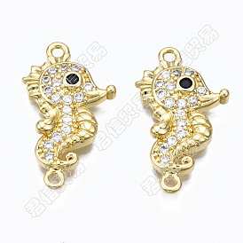 5Pcs Brass Micro Pave Clear Cubic Zirconia Links Connectors, Nickel Free, Real 16K Gold Plated, Sea Horse