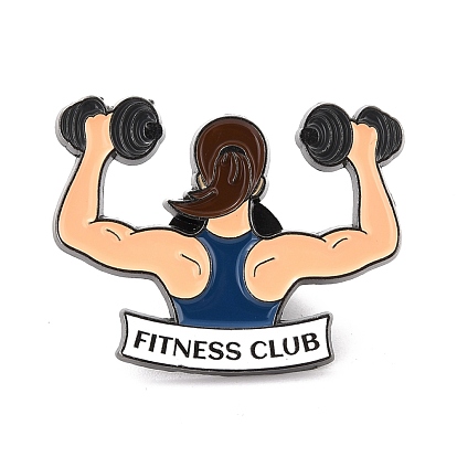 Fitness Club Word Enamel Pin, Woman with Dumbbell Alloy Enamel Brooch for Backpack Clothes, Gunmetal
