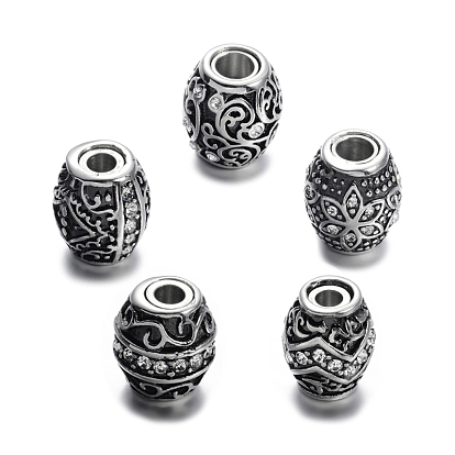 Mixed Shape Retro Carve 304 Stainless Steel Rhinestone Barrel Magnetic Clasps with Glue-in Ends, Antique Silver, 12~13x10.5~11mm, Hole: 3~4mm