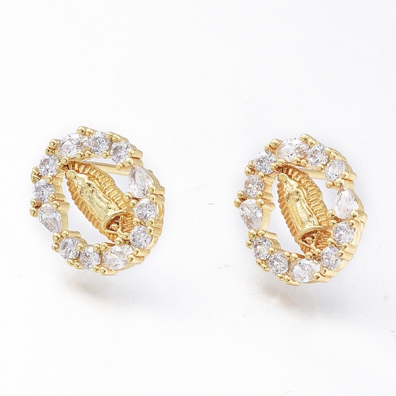 Brass Micro Pave Cubic Zirconia Ear Studs, Long-Lasting Plated, Oval with Virgin Mary, Golden
