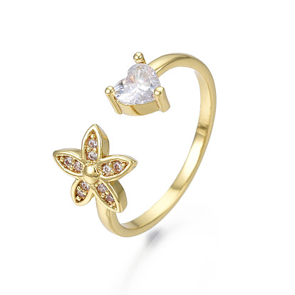 Anillo de puño abierto con corazón y flor de circonita cúbica, joyas de latón chapado en oro real 18k para mujer, sin níquel