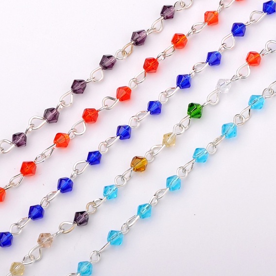 Main perles de verre de toupie chaînes de colliers bracelets faisant, avec épingle à oeil en fer, non soudée, couleur argent plaqué, 39.3 pouce