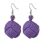 Handmade Polyester & Spandex Braided Ball Dangle Earrings with Natural Wood Beaded, Platinum Brass Jewelry for Women