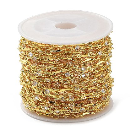 Chaînes plates rondes et à maillons en laiton plaqué or véritable K, Avec des perles de verre, soudé, avec bobine
