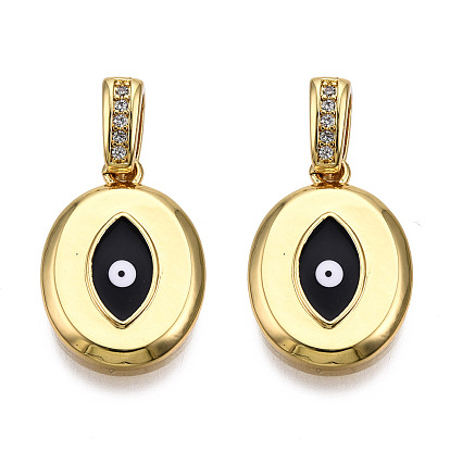 Brass Micro Pave Clear Cubic Zirconia Pendants, with Enamel, Nickel Free, Oval with Evil Eye, Real 18K Gold Plated