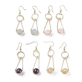 Natural Gemstone Dangle Earrings, with Brass Findings