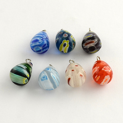 Handmade Millefiori Glass Pendants with Platinum Plated Iron Findings, Drop, 17~20x12mm, Hole: 2mm