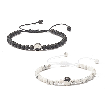 2 pcs 2 bracelets de perles tressées de style roche de lave naturelle et howlite sertis de yin yang, bijoux porte-bonheur feng shui chinois pour femme