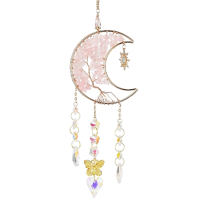Moon with Tree of Life Natural Rose Quartz Chip Pendant Decorations, Hanging Suncatchers, with Glass Heart/Diamond and Metal Butterfly Link, for Home Car Decorations