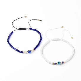 Adjustable Nylon Thread Braided Bead Bracelets, Faceted Rondelle Glass Beads, Handmade Evil Eye Lampwork Round Bead