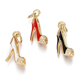 Brass Micro Pave Clear Cubic Zirconia Stilettos Pendants, Long-Lasting Plated, with Jump Rings and Enamel, High-heeled Shoes, Real 18K Gold Plated