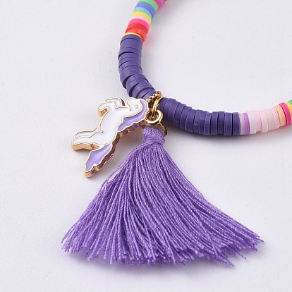 Handmade Polymer Clay Beads Kids Bracelets, with Cotton Thread Tassels and Alloy Enamel Pendants, Unicorn