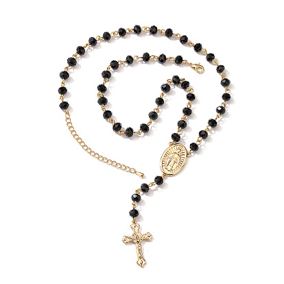 Collier de perles de chapelet en verre, collier pendentif croix et jésus en laiton doré