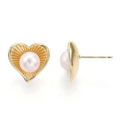 Natural Pearl Stud Earrings, Brass Heart Earrings with 925 Sterling Silver Pins, Cadmium Free & Nickel Free & Lead Free