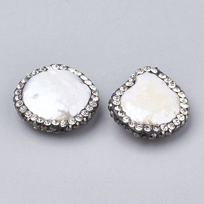 Flat Round Polymer Clay Rhinestone Natural Freshwater Shell Beads, 15~23x15~19x5~6mm, Hole: 0.7mm