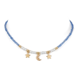 Collier pendentif lune et étoile en laiton avec chaînes de perles de graines de verre pour femmes