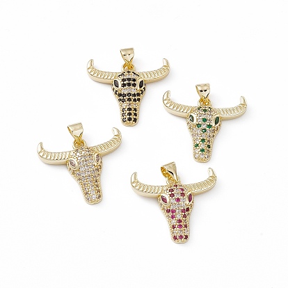 Brass Micro Pave Cubic Zirconia Pendants, OX Head Charm, Lead Free & Cadmium Free, Real 18K Gold Plated