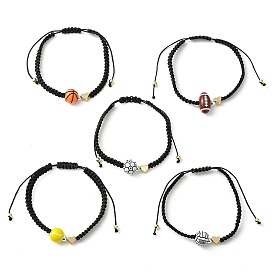 Sport Theme Acylic & Brass Heart Braided Bead Bracelet, Nylon Thread Adjustable Bracelet