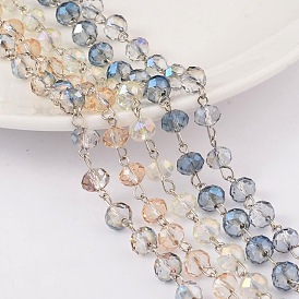 Faceted Rondelle Handmade Electroplate Glass Beads Chains, Unwelded, with Platinum Plated Brass Findings, 39.3 inch, about 79pcs/m