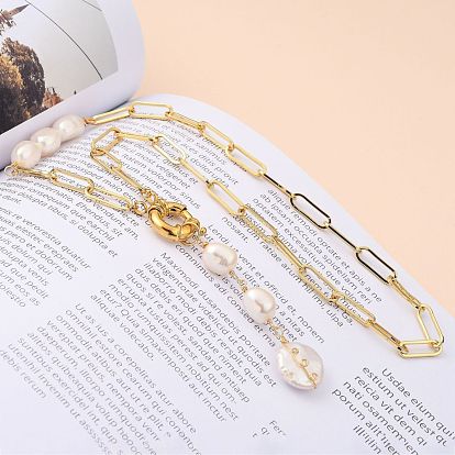 Natural Baroque Pearl Pendant Necklaces, with Brass Paperclip Chains and Spring Ring Clasps
