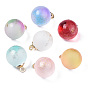 Two Tone Transparent Spray Painted Glass Pendants, with Light Gold Plated Brass Loop, Frosted, with Glitter Powder, Round