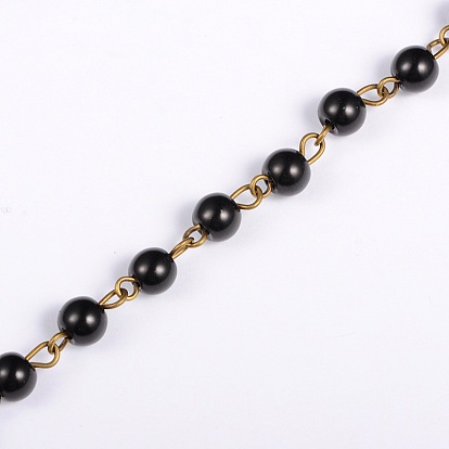 Handmade Round Glass Pearl Beads Chains for Necklaces Bracelets Making, with Antique Bronze Iron Eye Pin, Unwelded, 39.3 inch