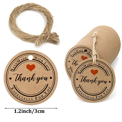 Kraft Paper Gift Tags, Hange Tags, with Hemp Rope, for Arts, Crafts and Food, Flat Round with Word Thank You Pattern