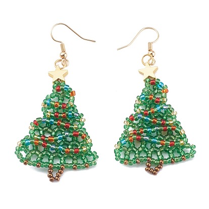 Glass Seed Beads Christmas Tree Dangle Earrings, for Christmas, with Golden Plated Brass Earring Hooks