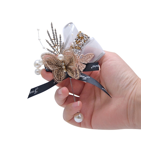 Silk Cloth Imitation Butterfly & Bowknot Corsage Boutonniere, with Plastic Beads and Rhinestone, for Men or Bridegroom, Groomsmen, Wedding, Party Decorations