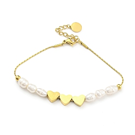 Natural Pearl & Heart Beaded Bracelet, with Vacuum Plating 304 Stainless Steel Chains for Girl Women