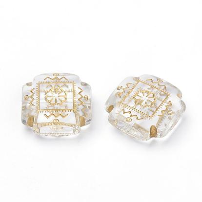 Plating Transparent Acrylic Beads, Golden Metal Enlaced, Square