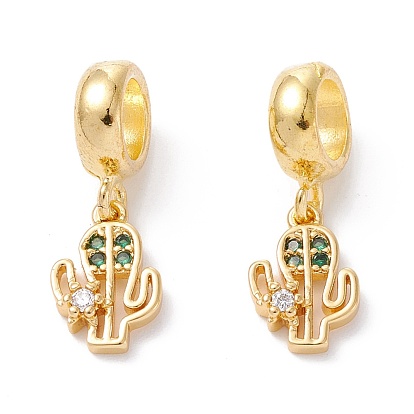 Brass Cubic Zirconia European Dangle Charms, Largr Hole Pendants, Long-Lasting Plated, Real 18K Gold Plated, Cactus