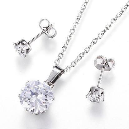 304 Stainless Steel Jewelry Sets, Pendant Necklaces and Stud Earrings, with Cubic Zirconia, Flat Round