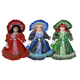 Ornements d'affichage de poupée de porcelaine, dame femmes avec chapeau et robe en tissu, pour la décoration du bureau et de la maison de poupée