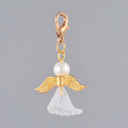 Décorations pendentif ange gardien, avec de l'acrylique, Perles en verre nacré, fermoirs à pinces de homard en alliage de zinc plaqué or clair et perles en alliage