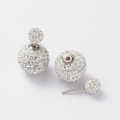Doubles autrichiens clous d'oreilles boule de cristal, avec 925 épingles en argent sterling et embouts en laiton, 6~12mm, pin: 0.7 mm