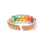 Colorful Glass Braided Bead Open Cuff Ring, Brass Wire Wrap Jewelry for Women