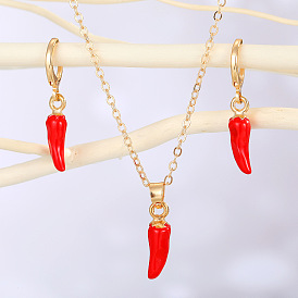 Minimalist Red Chili Oil Drop Earrings Necklace Set for Women