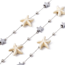 Handmade Synthetic Turquoise Starfish & 304 Stainless Steel Star Beaded Chains, with Satellite Chains, Soldered, with Spool